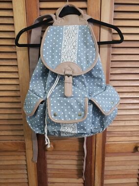 Cute Polka Dot Backpack | Blue & Beige | Lace Detail | Boho Vintage Vibes